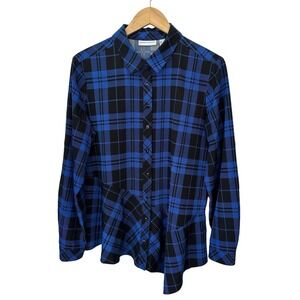 Susan Graver Button Up Top Womens Medium‎ Blue Black Plaid Asymmetrical Hem